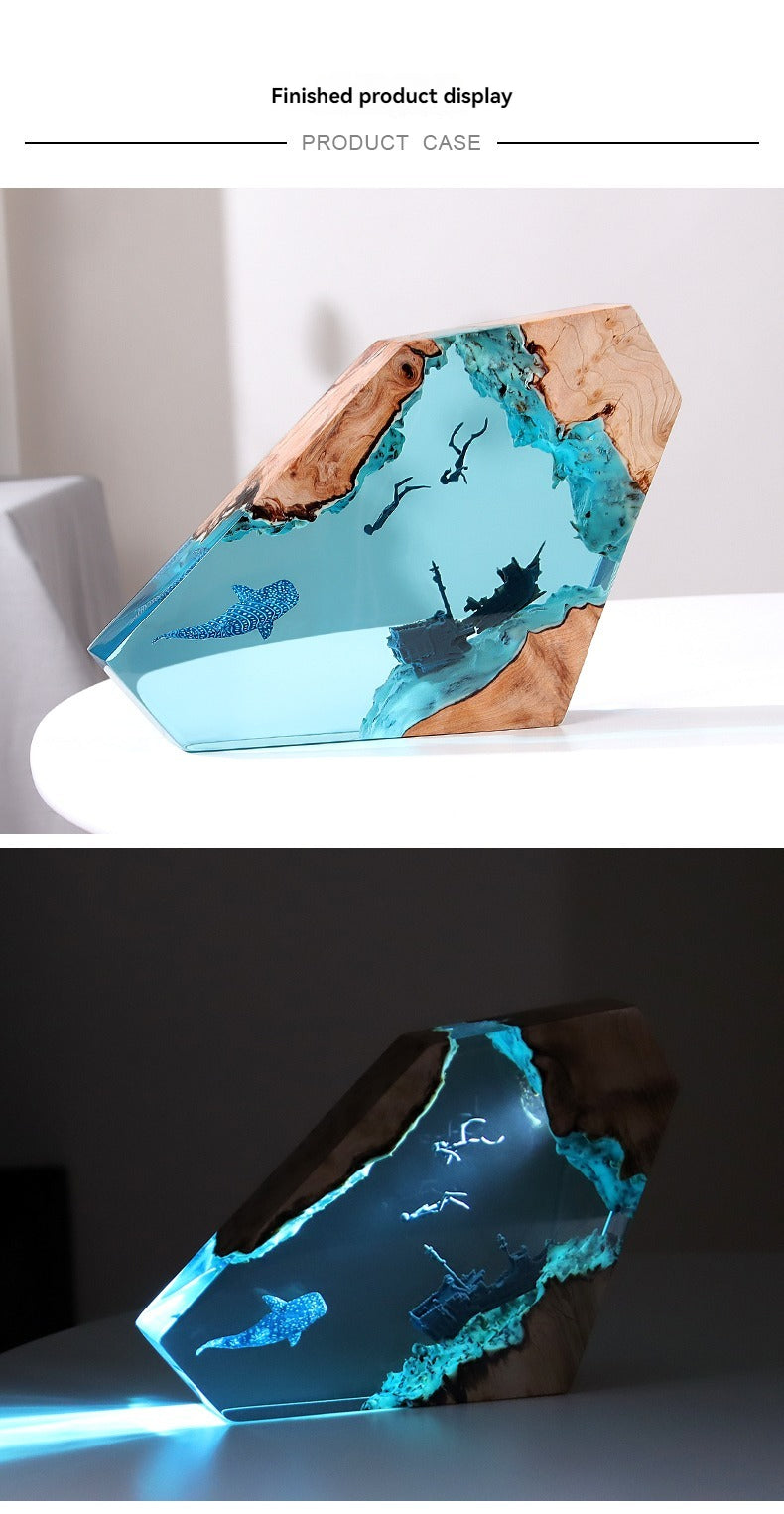 Ocean Art Shipwreck Night Light - Wooden Resin Shark & Whale Ornament for Home or Office